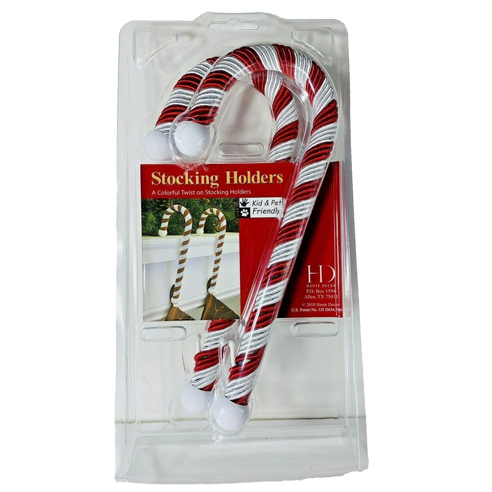 Candy Cane Christmas Stocking Holders Satin Cord Wrap 2 pk Red White Haute Decor